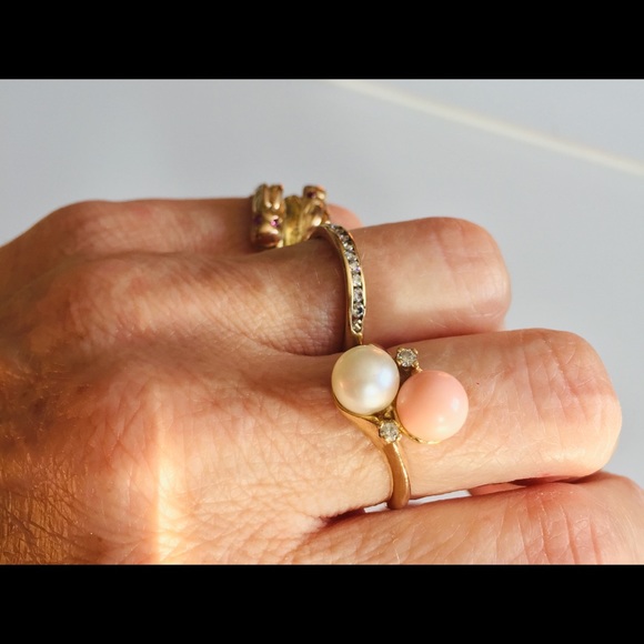 14k Vintage Pearl and coral Bypass ring - Picture 9 of 10